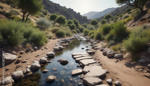 Small stream babbles alongside a serpentine pathway through the Alpujarras hills , white buildings, greenery photo