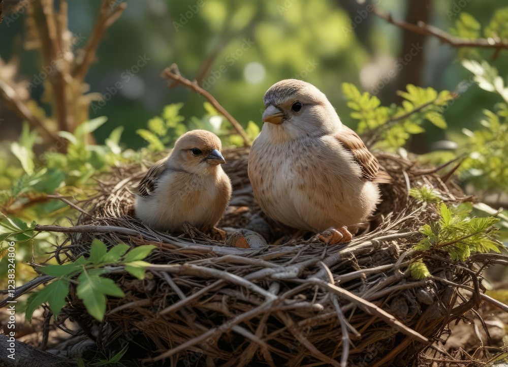 Fototapeta premium Snowfinch and fledgling in a nest with twigs and leaves surrounding them, birdsinbreeding, winged, nivalis