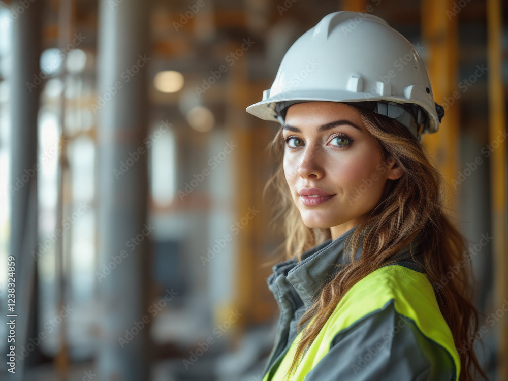 Beautiful girl of engineers in a helmet at a construction site Beautiful girl of engineers in a helmet at a construction site