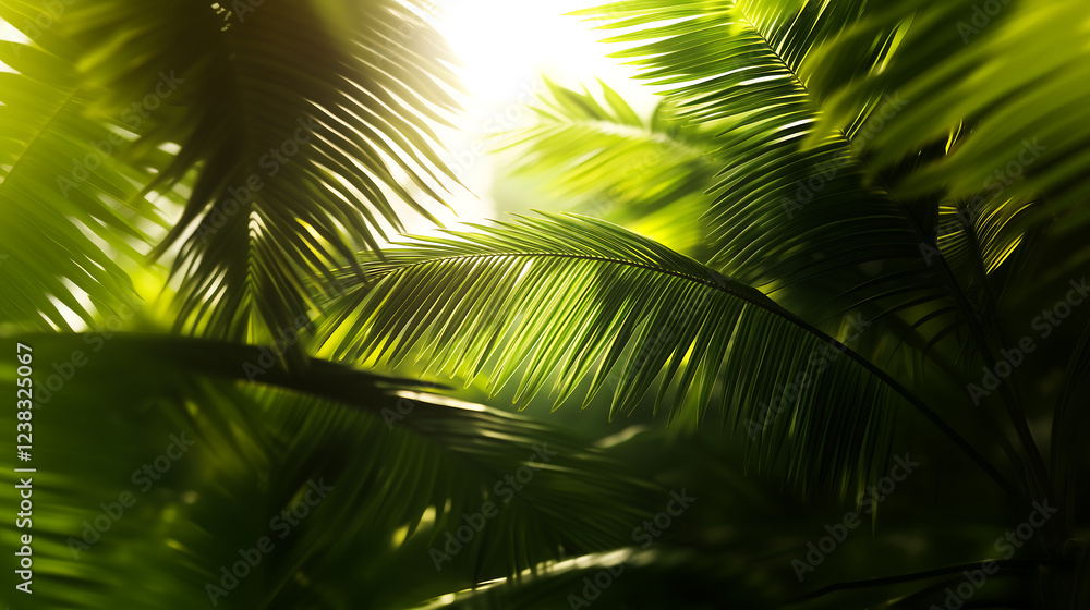 Lush green leaves basking in soft, warm sunlight creating an inviting tropical atmosphere. Lush green leaves basking in soft, warm sunlight creating an inviting tropical atmosphere.
