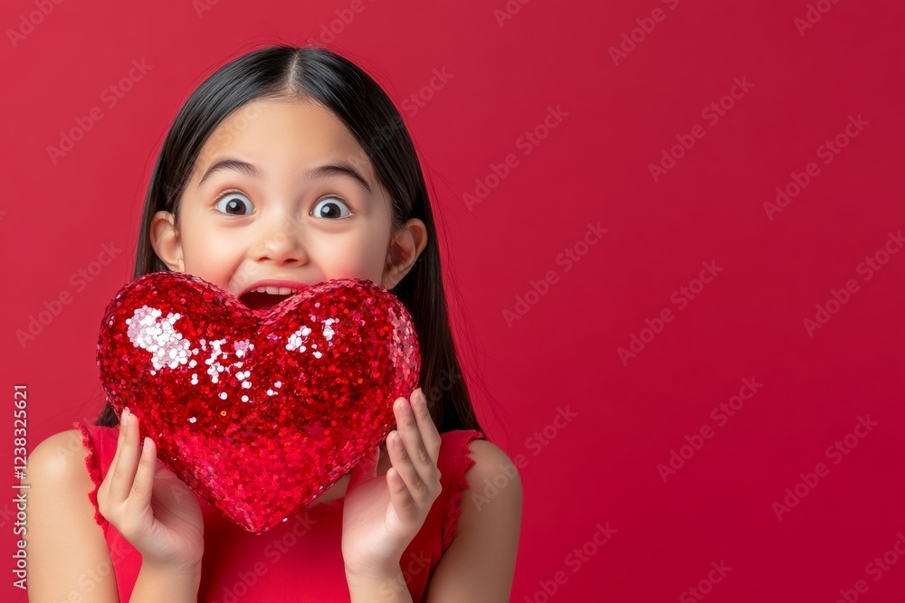 Sign of love and affection. Commercial ad campaign visual idea. Youth valentine's day greeting card: high schooler girl with amazed face holds red heart in hands. February 14 romantic vibes. Sign of love and affection. Commercial ad campaign visual idea. Youth valentine's day greeting card: high schooler girl with amazed face holds red heart in hands. February 14 romantic vibes.