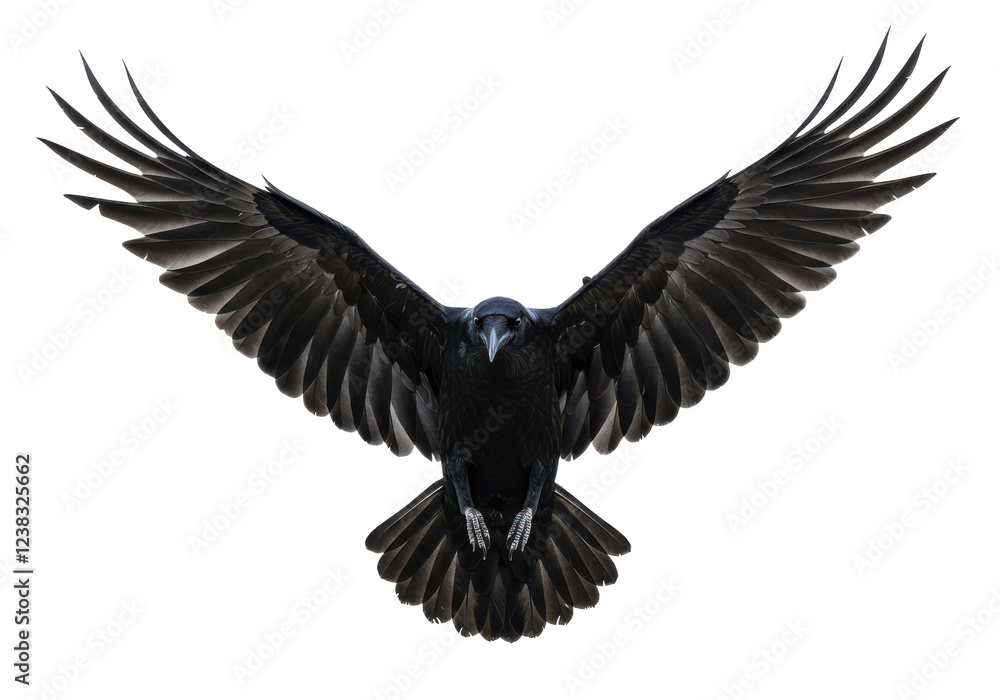 Fototapeta premium A black raven with wings fully spread, captured mid-flight, isolated on white background