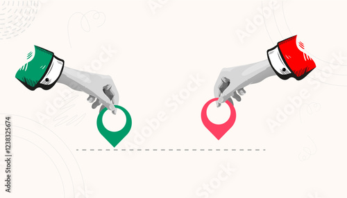 Two hands placing contrasting location pins, distance, connection, choice, map, journey, destination