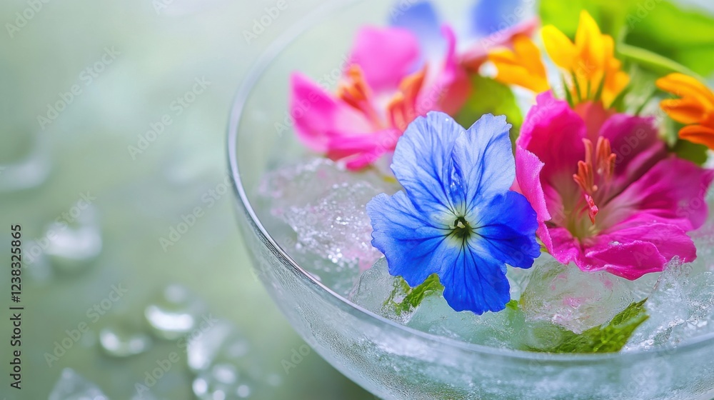 Colorful Edible Flowers on Ice - Summer Refreshment and Decor Concept Colorful Edible Flowers on Ice - Summer Refreshment and Decor Concept