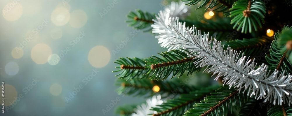 Sparkling silver tinsel wrapped around a wooden Christmas tree branch, festive, shine, holidays Sparkling silver tinsel wrapped around a wooden Christmas tree branch, festive, shine, holidays