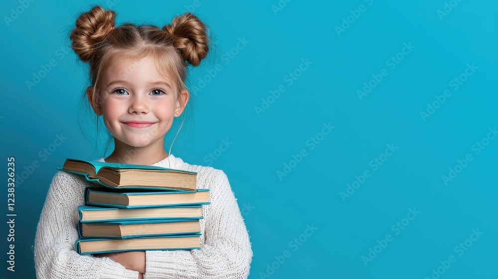 Happy girl holding books, blue background, education Happy girl holding books, blue background, education