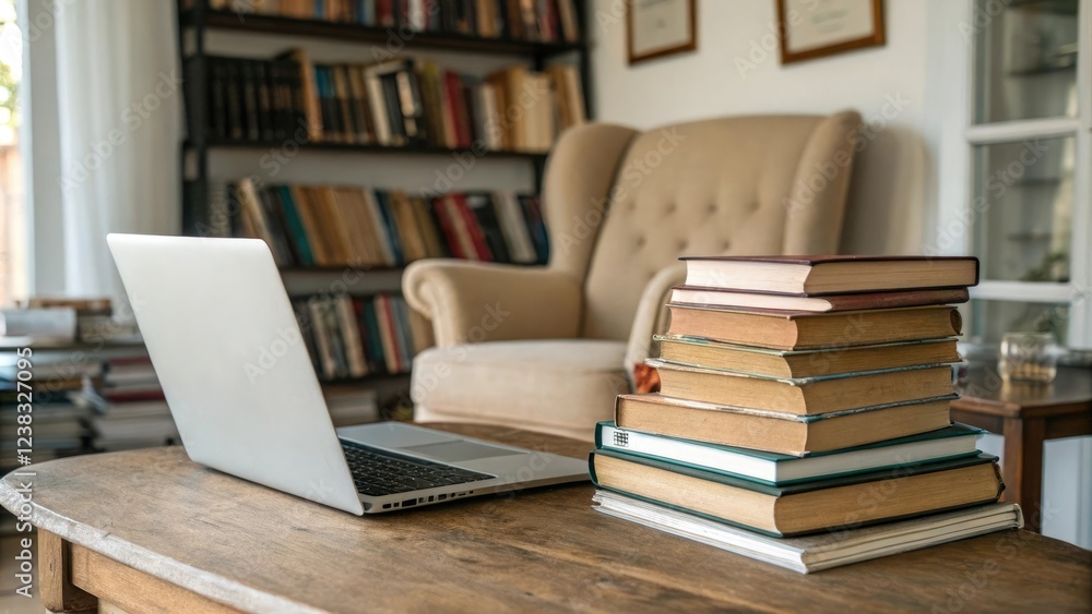 Stacks of books with laptop on wooden table in a cozy study setting, desk, table, home office Stacks of books with laptop on wooden table in a cozy study setting, desk, table, home office