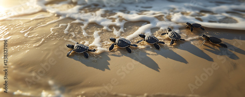 Newly hatched turtles making their way to the sea on a sandy beach at sunset. photo