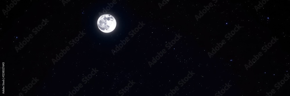 Starry night sky with a bright full moon, astronomical phenomena, starlight Starry night sky with a bright full moon, astronomical phenomena, starlight