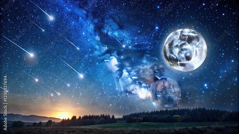 Fototapeta premium Starry night sky with a multitude of shooting stars and a full moon in the distance, astronomy images, galaxy background, starry night sky wallpaper, shooting stars, astronomical art