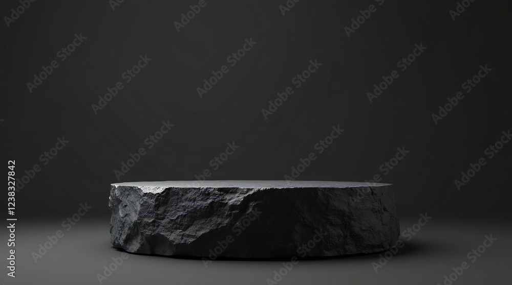 Naklejka premium A Perfectly Chiseled Black Rock Platform Podium for Product Presentation.