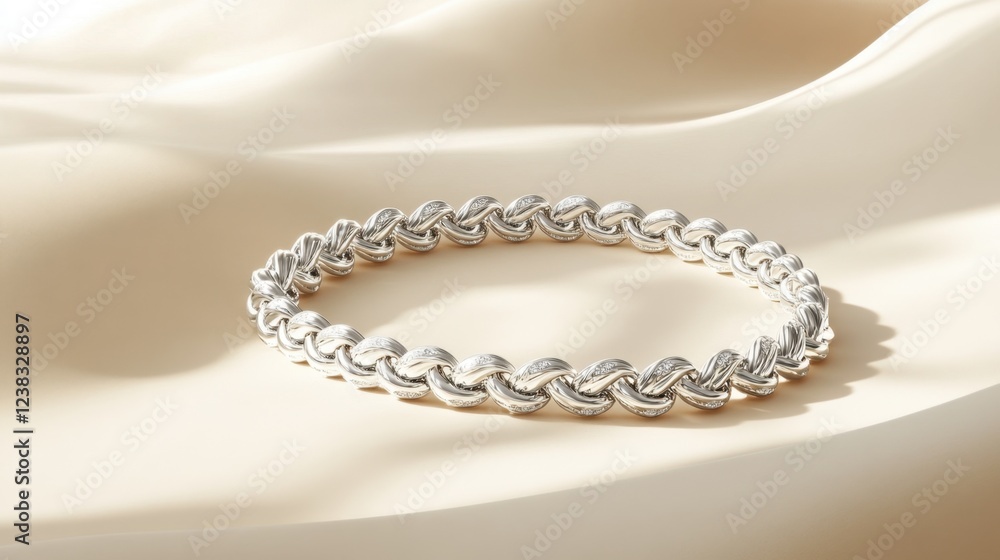 Fototapeta premium A designer silver bracelet placed on a luxury cream-colored background