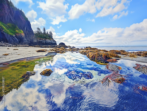 Scenic coastal view with rocky shore, reflections in tide pools, and vibrant sky. photo