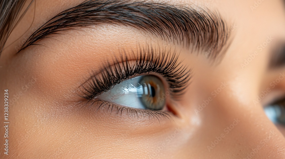 Fototapeta premium Close-up of a Woman's Eye with Long Eyelashes and Well-Defined Eyebrows