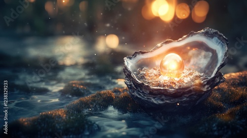 A glowing pearl nestled inside an open oyster shell with a blurred background
