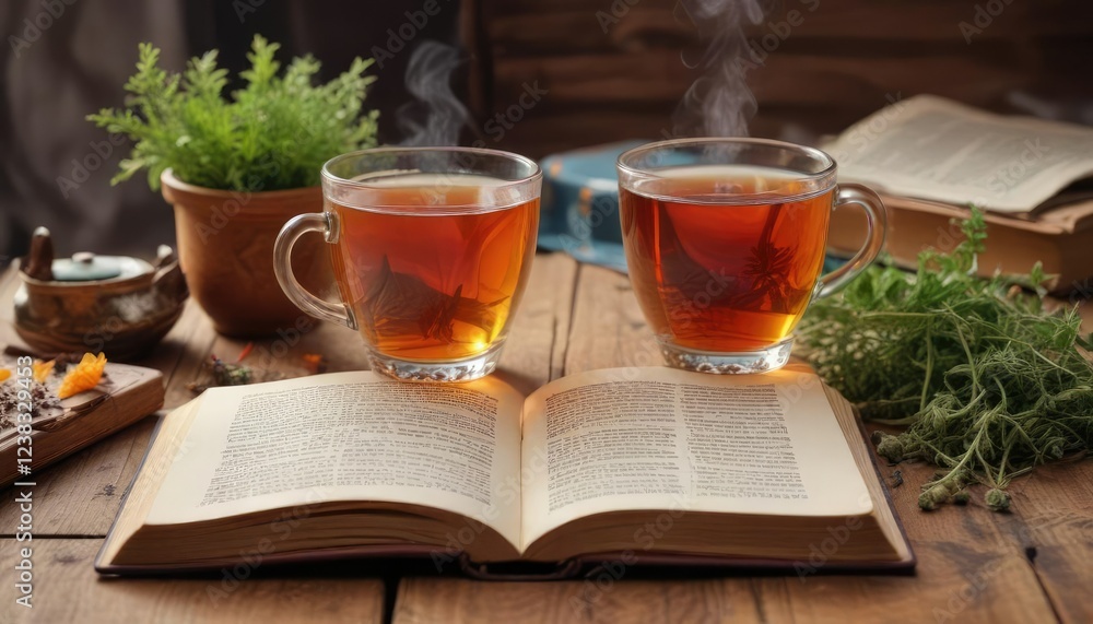 Steaming cup of herbal tea near open book on wooden table , open book, tea plantation, steamy Steaming cup of herbal tea near open book on wooden table , open book, tea plantation, steamy