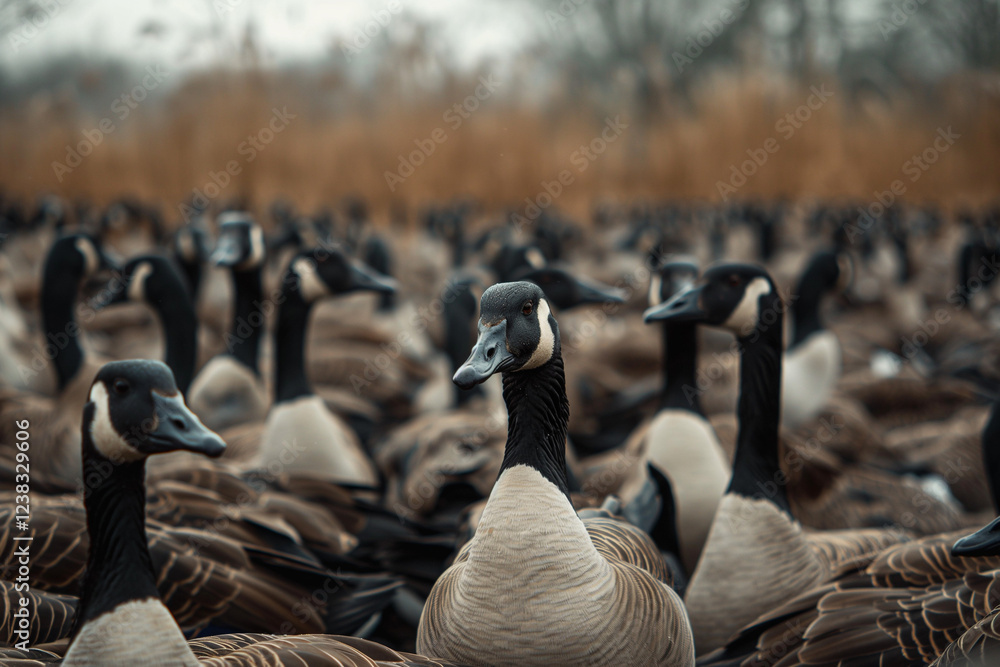 Fototapeta premium Flock of Canadian Geese (Branta canadensis) in a field. Wildlife and nature concept. Generative AI