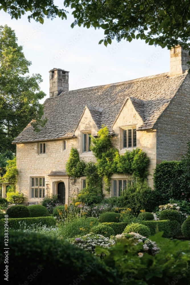 Fototapeta premium Beautiful stone cottage surrounded by lush gardens in the golden glow of sunset, showcasing nature's serenity and architectural charm in a tranquil setting