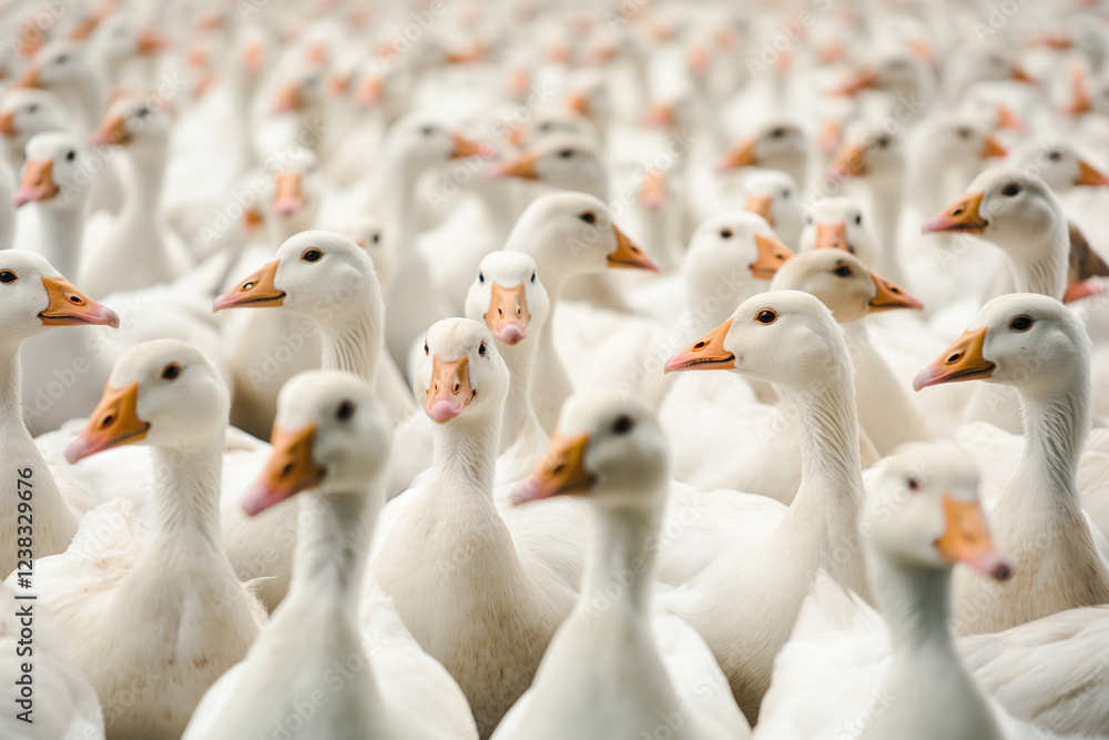 Obraz premium A flock of white geese on a farm. Close-up. Rural and agriculture concept. Generative AI