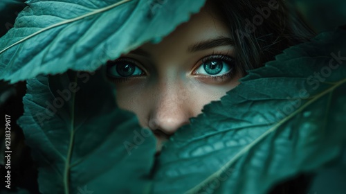 A woman hiding behind lush green leaves with captivating blue eyes. Nature frames her serene expression and enchanting gaze.