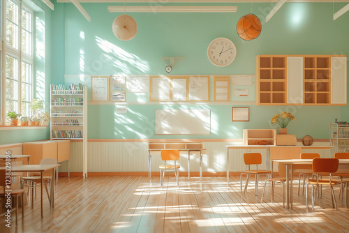 A classroom with a white board and a clock hanging from the ceiling