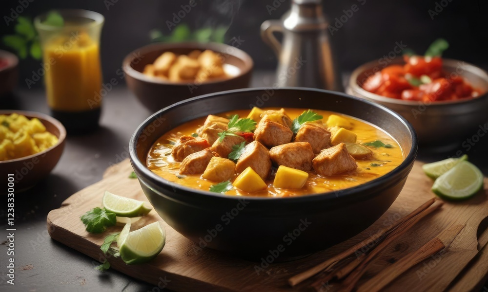 Steaming hot bowl of spicy mango chicken curry , tropical fruit, mouthwatering, flavorful dish Steaming hot bowl of spicy mango chicken curry , tropical fruit, mouthwatering, flavorful dish