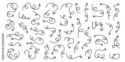 Arrow doodles, pointers of direction with curvy lines, line art, decorative sticker set with different wavy arrows. Vector illustration.