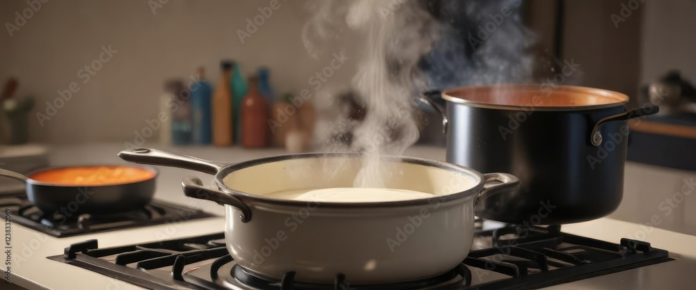 Steam rises from a saucepan containing boiling milk on a stovetop, heat, stove, culinary process Steam rises from a saucepan containing boiling milk on a stovetop, heat, stove, culinary process
