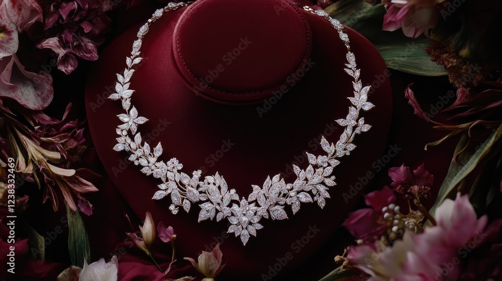 Obraz premium A romantic bridal jewelry set with diamonds and white gold, displayed on a rich maroon background with ambient lighting
