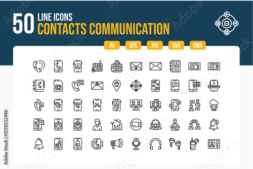 Set of 50 Contacts Communication Icons. Line Icon Collection