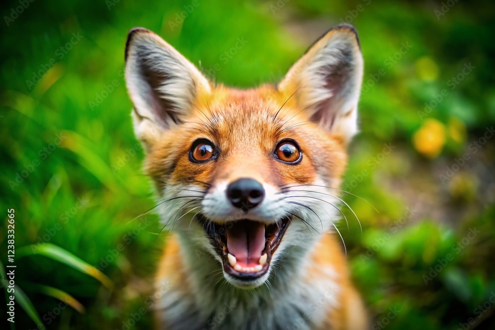 Fototapeta premium Adorable Furry Mammal Joyful Demeanor Wide Open Mouth Bright Eyes Low Light Photography Stock Photo