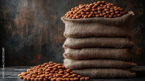 A rustic scene featuring stacked burlap sacks filled with pet food, with scattered kibble on a wooden surface photo