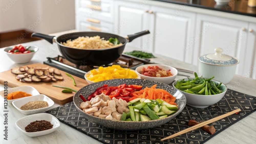 Stir-fry ingredients arranged on a decorative table, restaurant style, food arrangement, Japanese cuisine, food styling Stir-fry ingredients arranged on a decorative table, restaurant style, food arrangement, Japanese cuisine, food styling