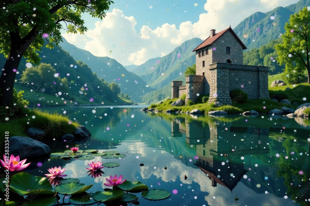 Fototapeta premium Stone castle foundation by river with water lilies, River, Water