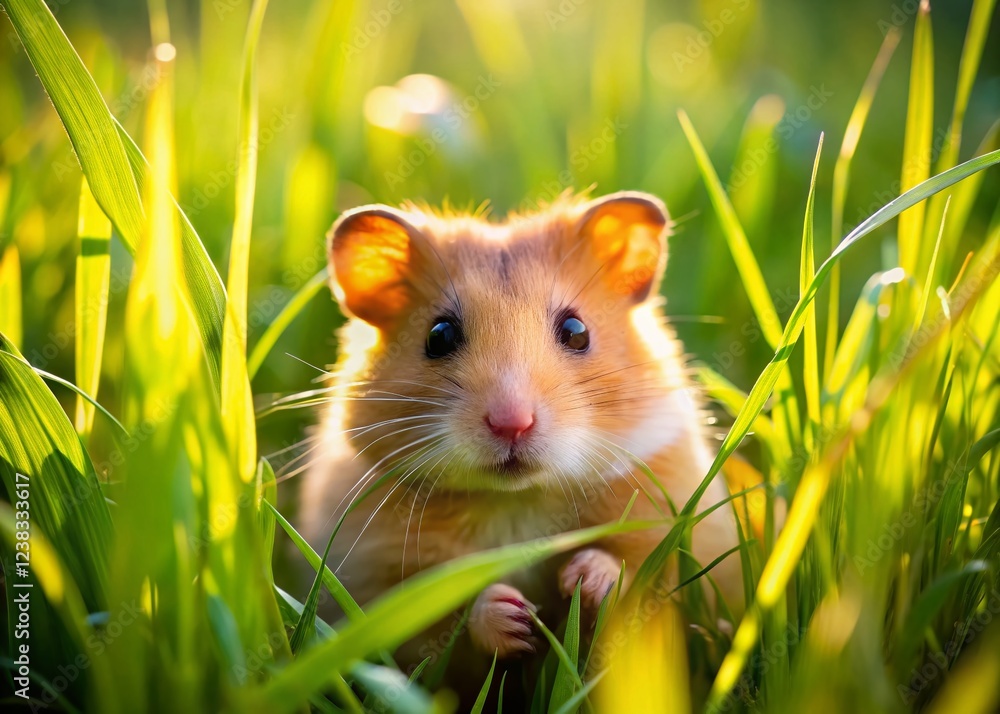 Adorable Golden Hamster Hiding in Lush Green Grass - Fun Summer Stock Photo Adorable Golden Hamster Hiding in Lush Green Grass - Fun Summer Stock Photo