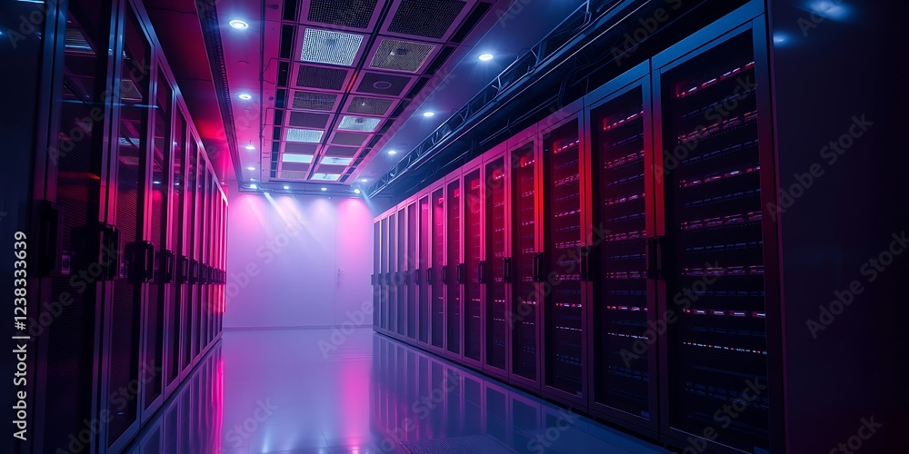 High-Tech Data Server Room with Advanced Networking Equipment and LED Lighting High-Tech Data Server Room with Advanced Networking Equipment and LED Lighting