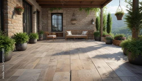 Wallpaper Mural Stone patio with wooden deck and hanging planters, outdoor furniture, stone patio Torontodigital.ca