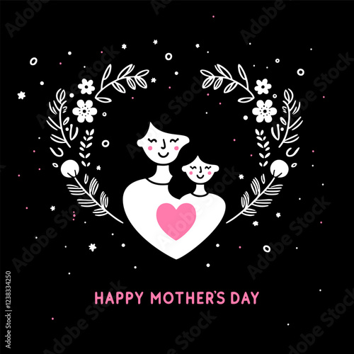 Happy Mothers Day minimalistic illustration, card with mom and daughter together in the shape of heart