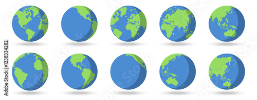 Planet Earth icons collection in a flat design. Planet earth or world globe with ocean in a flat design