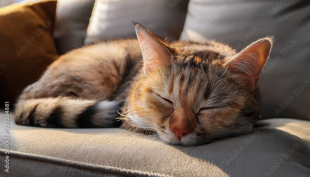 A fluffy cat enjoys a restful nap in the warm sunlight, sprawled comfortably on a couch.