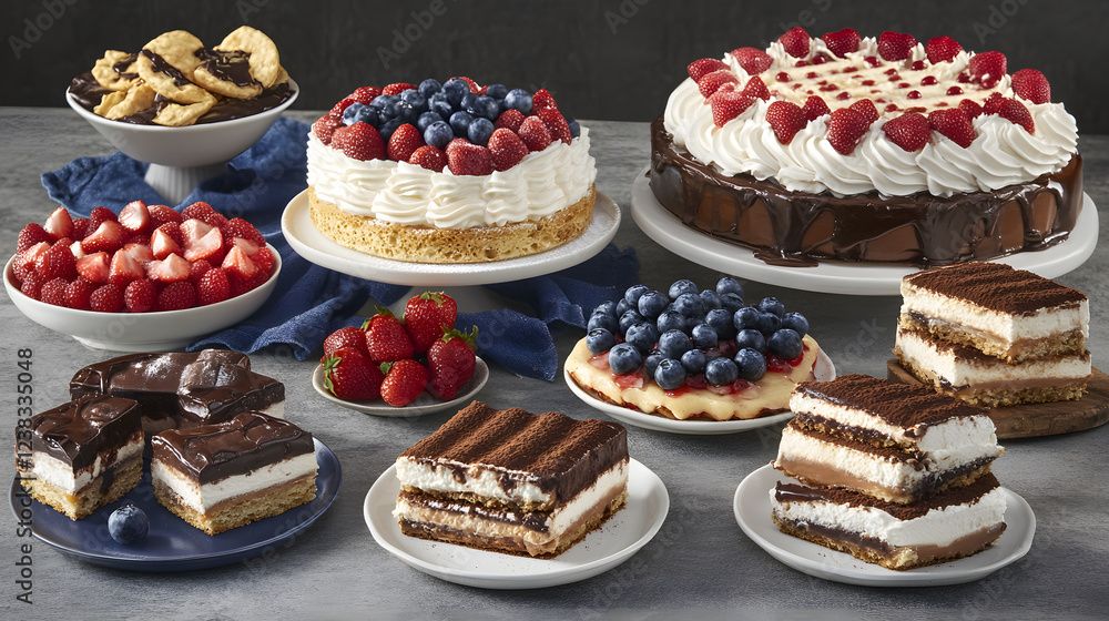A delightful assortment of cakes and desserts, featuring fresh fruit toppings and creamy layers, perfect for any celebration or gathering A delightful assortment of cakes and desserts, featuring fresh fruit toppings and creamy layers, perfect for any celebration or gathering
