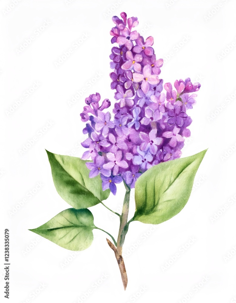 Obraz premium Watercolor lilac branch spreading delicate purple blossoms against soft green foliage, capturing botanical softness and natural beauty