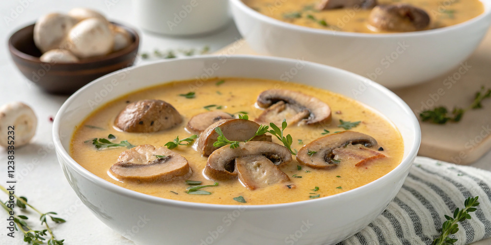 Savory Mushrooms Splashing in Cream Soup for Culinary Delight Savory Mushrooms Splashing in Cream Soup for Culinary Delight