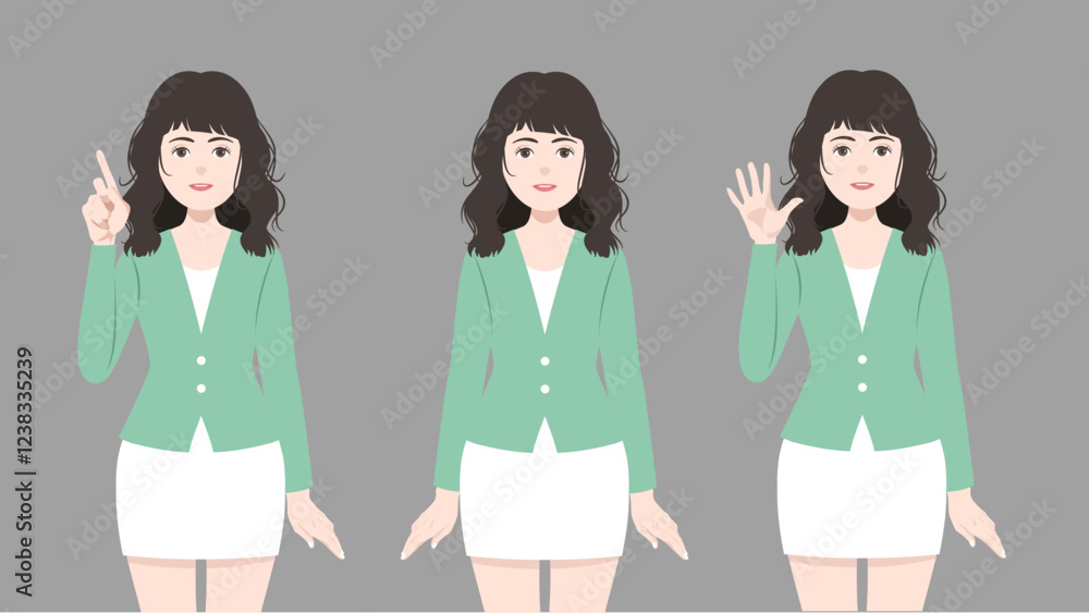 set of standing business woman, who wear green suit and three acting. vector, illustration design. set of standing business woman, who wear green suit and three acting. vector, illustration design.