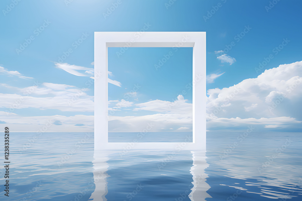 Innovative concept of a white frame emerging from serene water under a clear blue sky with clouds. Generative AI Innovative concept of a white frame emerging from serene water under a clear blue sky with clouds. Generative AI