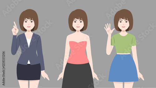 set of standing  woman with different clothes and short brown hair and three acting. vector, illustration design.