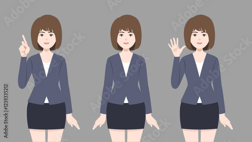 set of standing business woman, who wear grey suit, short brown hair and three acting. vector, illustration design.