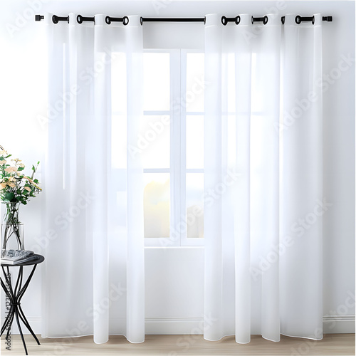 Sheer white curtains gently swaying in a sunlit room with a vase of flowers on a table. Generative AI