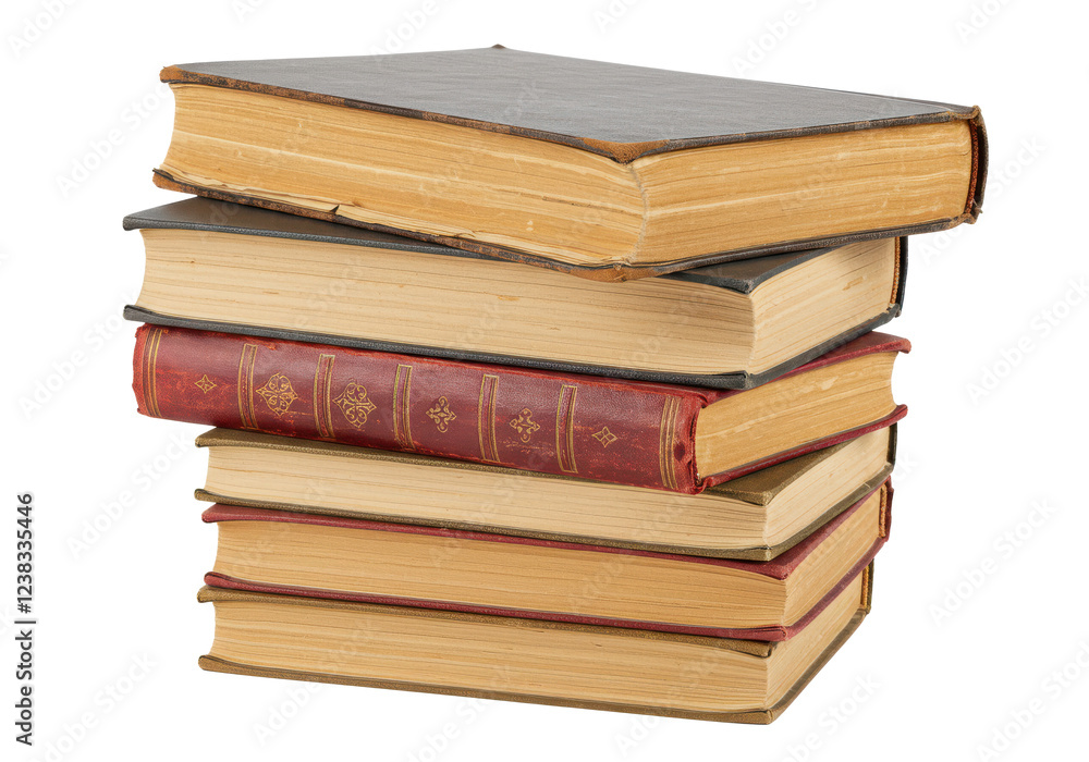 Fototapeta premium Stack of old books, isolated on white background, no depth of field, sharp.