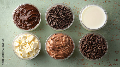 A top view of fresh dairy products, including a glass of milk, cheese slices, and yogurt cups, arranged on a green background photo